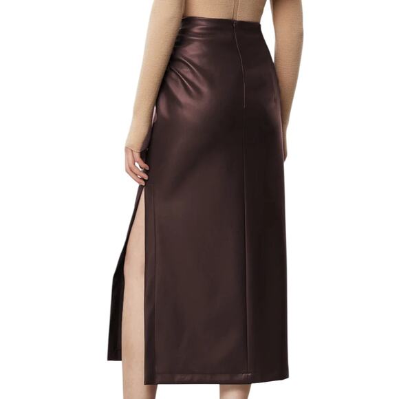 Commense Faux Leather Ruched High Waist Midi Skirt – Brown/Burgundy – Size XL - Picture 2 of 4